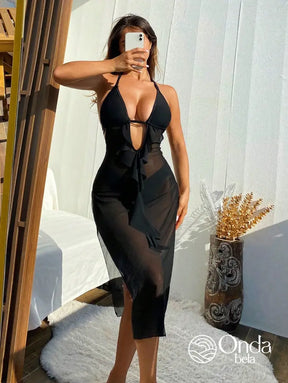 Saída De Praia Longa Tule Com Decote E Amarração Preto / PP Saída De Praia Longa Tule Com Decote E Amarração