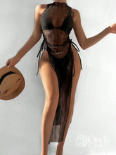 Saída De Praia Longa Tule Transparente Com Fenda Lateral Preto / PP Saída De Praia Longa Tule Transparente Com Fenda