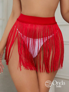 Saída De Praia Saia Curta Com Franjas De Movimento Saída De Praia Saia Curta Com Franjas De Movimento