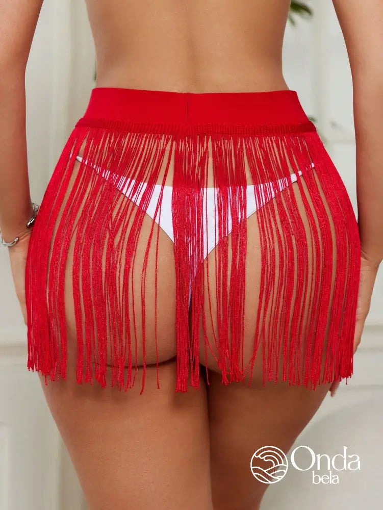 Saída De Praia Saia Curta Com Franjas De Movimento Saída De Praia Saia Curta Com Franjas De Movimento