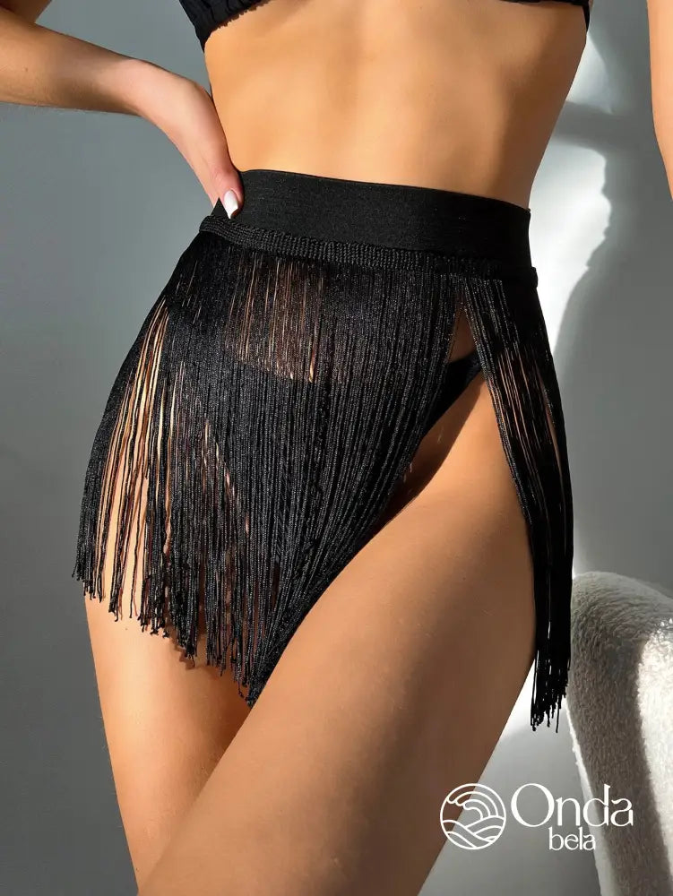 Saída De Praia Saia Curta Com Franjas De Movimento Preto / PP Saída De Praia Saia Curta Com Franjas De Movimento