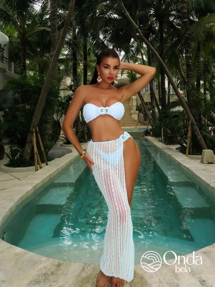 Saída De Praia Saia Longa Crochê Vazado Com Fenda Lateral Azul Bebê / PP Saída De Praia Saia Longa Crochê Vazado Com