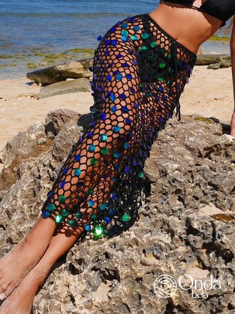 Saída De Praia Saia Midi Crochê Vazado Com Lantejoulas Saída De Praia Saia Midi Crochê Vazado Com Lantejoulas