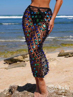 Saída De Praia Saia Midi Crochê Vazado Com Lantejoulas Saída De Praia Saia Midi Crochê Vazado Com Lantejoulas