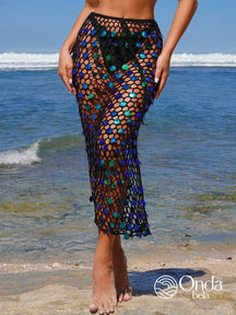 Saída De Praia Saia Midi Crochê Vazado Com Lantejoulas Preto / PP Saída De Praia Saia Midi Crochê Vazado Com Lantejoulas